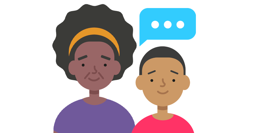 A mother and child with a speech bubble.