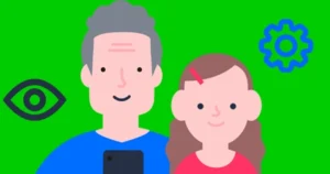 A dad and small child with icons related to privacy.
