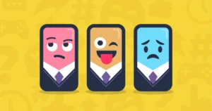 Three smartphones with faces and the top of a school uniform.
