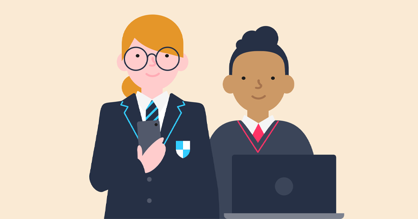 Two students with digital devices.