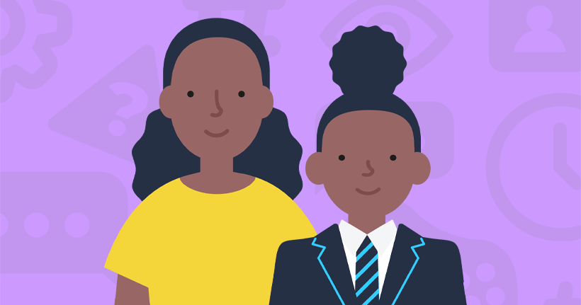A mother with her child who is in school uniform.