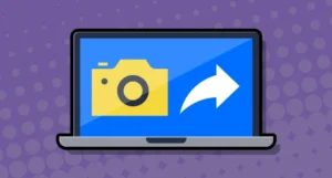 A laptop image with a camera and share icon on it.