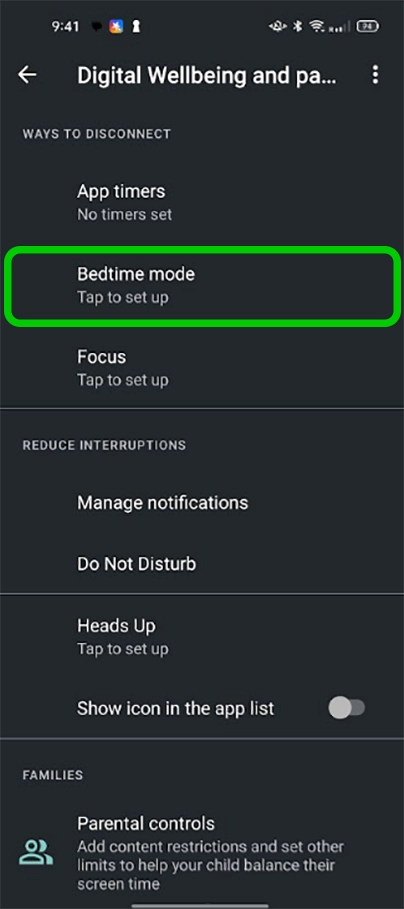 Android settings - bedtime mode