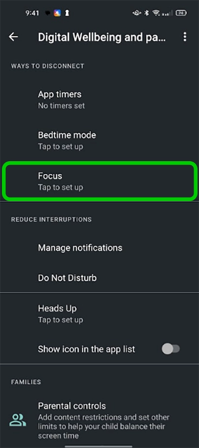 Android settings - focus