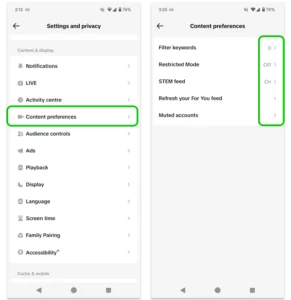 Screenshot of TikTok Content preferences settings.