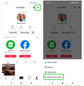Screenshot of a parent's TikTok profile with the settings menu open and 'Settings and privacy' highlighted.