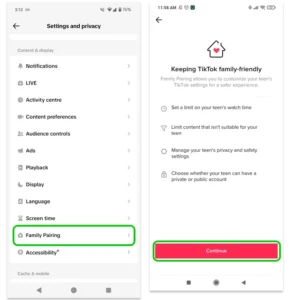 Screenshot of the 'Settings and privacy' menu on a parent's TikTok app with 'Family Pairing' selected.