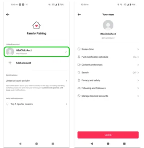 Screenshot of parent's view of Family Pairing with a child added.