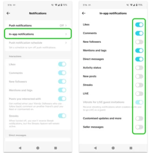Screenshot of the in-app notifications management screen on TikTok.