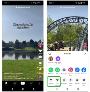 Screenshot showing how to report and block content on TikTok.