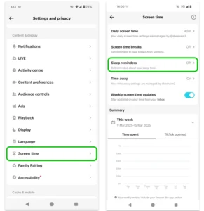 Screenshot of a teen's view of their TikTok screen time settings with Sleep reminders highlighted.
