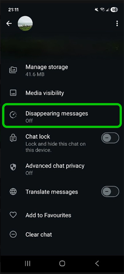 WhatsApp Profielinstellingen waarbij verdwijnende berichten zijn gemarkeerd.