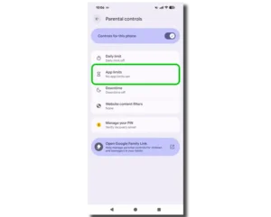 Screenshot of Android phone parental controls menu.
