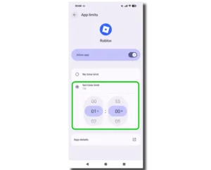 Screenshot of Roblox in Android App limits for parental controls.