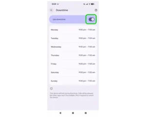 Screenshot of downtime menu in Android parental controls.
