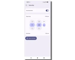 Screenshot showing customisable downtime hours in Android parental controls.