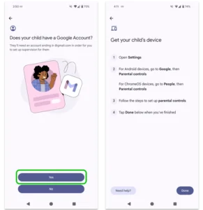 Screenshot of Google Family Link, adding an existing Google account for your child.