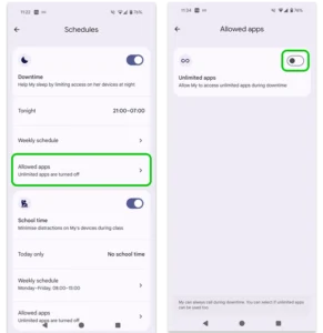Screenshot of the Allowed apps section of Downtime with Google Family Link.