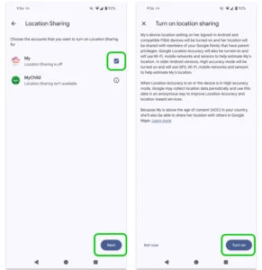Screenshot von Google Family Link, der zeigt, wie die Standortverfolgung aktiviert wird.