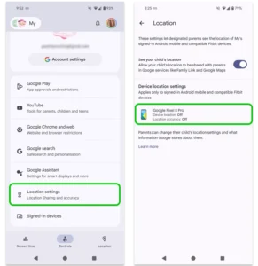 Screenshot des Standorteinstellungsmenüs in Google Family Link.