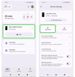 Screenshot des Gerätemenüs in Google Family Link mit hervorgehobener Option „Ton abspielen“, um das Gerät zu lokalisieren.