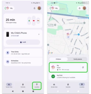 Screenshot des Standortmenüs in Google Family Link mit einem Kind, das für die Standortverfolgung ausgewählt wurde.