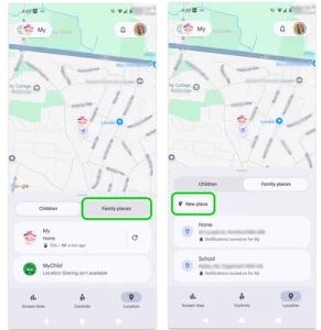 Screenshot in Google Family Link, der zeigt, wie ein Familienort hinzugefügt wird.