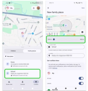 Screenshot, der zeigt, wie Sie die Fläche eines Familienorts mit Google Family Link vergrößern.