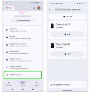 Screenshot von Google Family Link, der zeigt, wo im Menü „Steuerung“ auf mehrere Geräte zugegriffen werden kann.