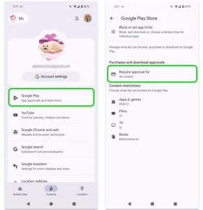 Screenshot des Google Play-Menüs in Google Family Link, der zeigt, wie Einschränkungen festgelegt werden.