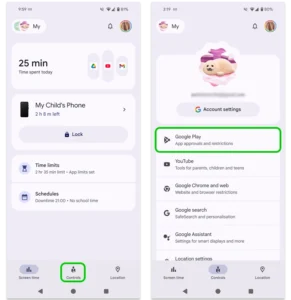 Screenshot showing how to get to the Google Play menu in Family Link.