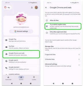 Google Family Link Controls menu with Google Chrome and web highlighted along with 'Try to block explicit sites.'