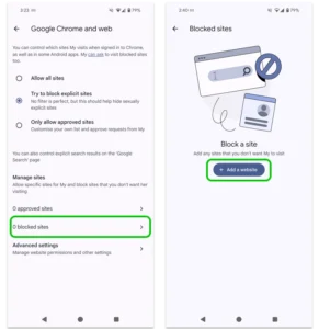 Google Chrome and web menu in Family Link showing how to add blocked websites.