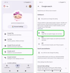 Google Family Link Controls menu with Google Search selected and 'Filter' highlighted.