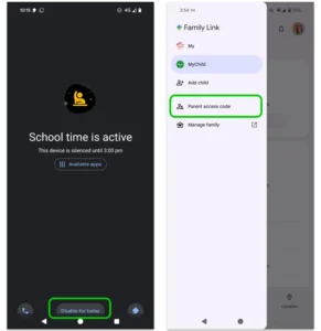 Screenshot showing how to give a child access to their device during school time with Google Family Link.