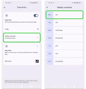 Screenshot of time limits in Google Family Link, showing where to set daily limits.
