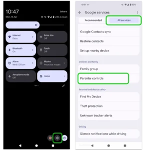 Screenshot of Android device settings with the Google menu open and Parental Controls selected.
