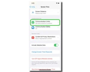 Screenshot of Screen Time parental controls with Communication Limits highlighted.