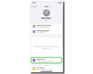 Screenshot of child profile in Family Sharing with Screen Time selected.