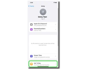 Screenshot of Ask to Buy highlighted on iPhone parental controls.