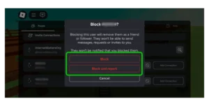 Screenshot showing blocking options within a Roblox experience.