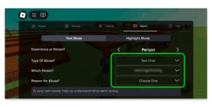 Screenshot of Text Mode reporting in Roblox.
