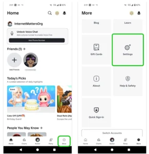 Screenshot of a Roblox account and menu with Settings selected.