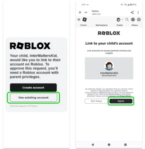 Screenshot showing the final steps of linking a parent account on Roblox to a child account.