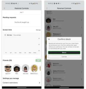 Screenshot showing how to use Roblox parental controls to block a user on your child's friend's list.