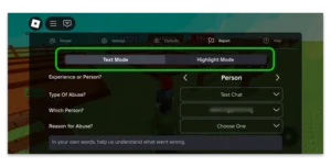 Screenshot showing Text mode and Highlight mode for in-game reporting on Roblox.