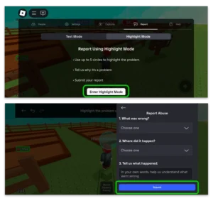 Screenshot of Highlight Mode screens to report users on Roblox.