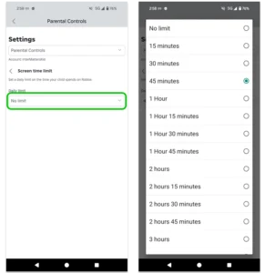 Screenshot of Roblox screen time limits menu.