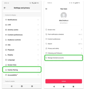 Screenshot showing the block user feature of TikTok Family Pairing.