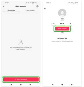 Screenshot of the manage blocked account section of TikTok Family Pairing.